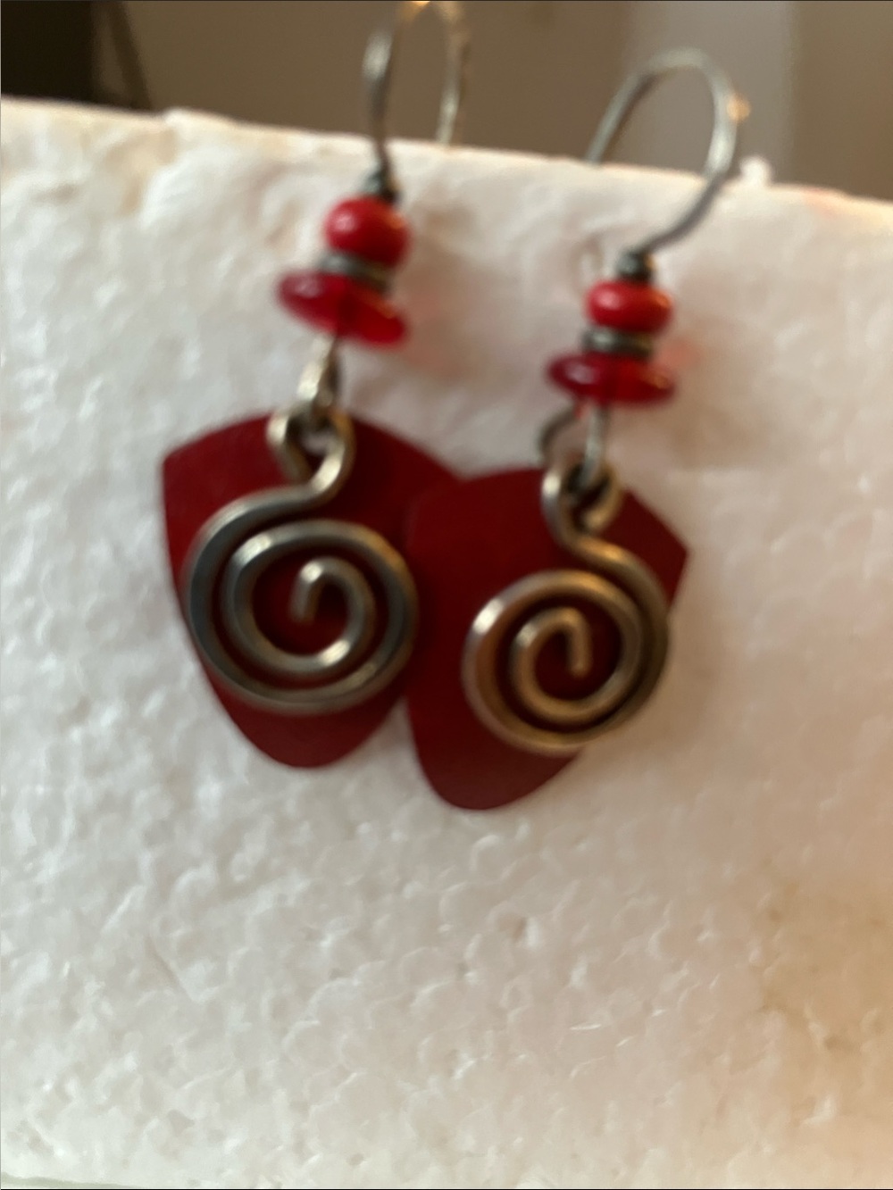 Red Spiral Dangle Earrings with Sterling Silver Accents